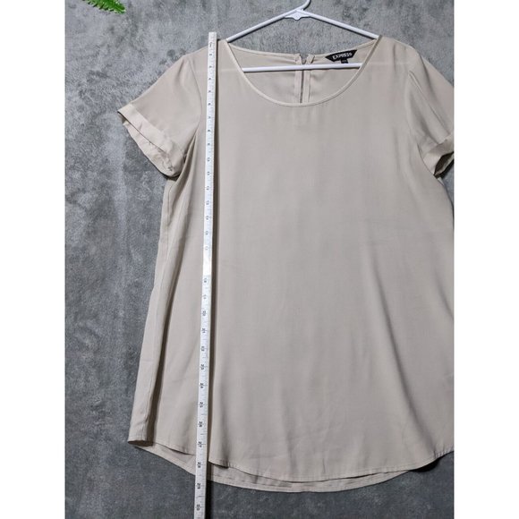 🍑EXPRESS Women Knit Tunic Solid Beige Round Neck Short Sleeve Zip Close M(8-10) - Picture 11 of 11